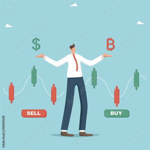 Currency exchange, cryptocurrency deal, cash dollars exchange for bitcoin cryptocurrency, international money transfer, mobile banking infographics. Businessman thinking to buy or sell cryptocurrency.