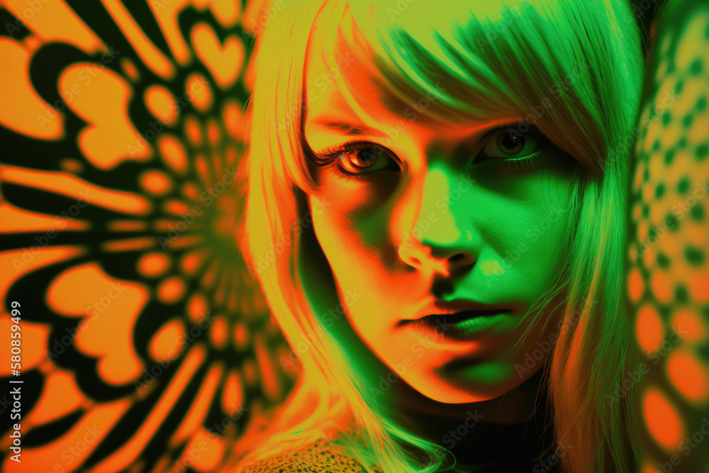 Vintage 1960s pop art young blonde woman on psychedelic background in orange and green retro lights with copy space, generative AI