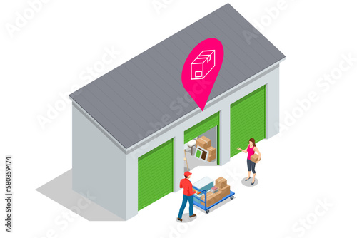 Isometric exterior of a modern storage room for a warehouse of home appliances, lamps, armchairs, boxes, bicycles and other things. Warehouse of household items and interior elements.