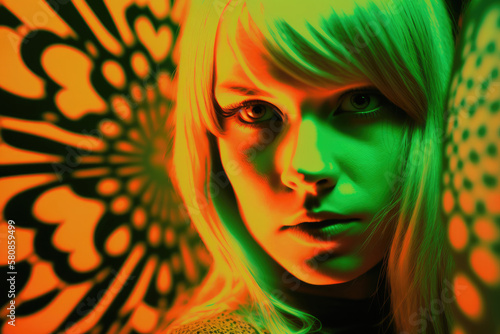 Vintage 1960s pop art young blonde woman on psychedelic background in orange and green retro lights with copy space, generative AI