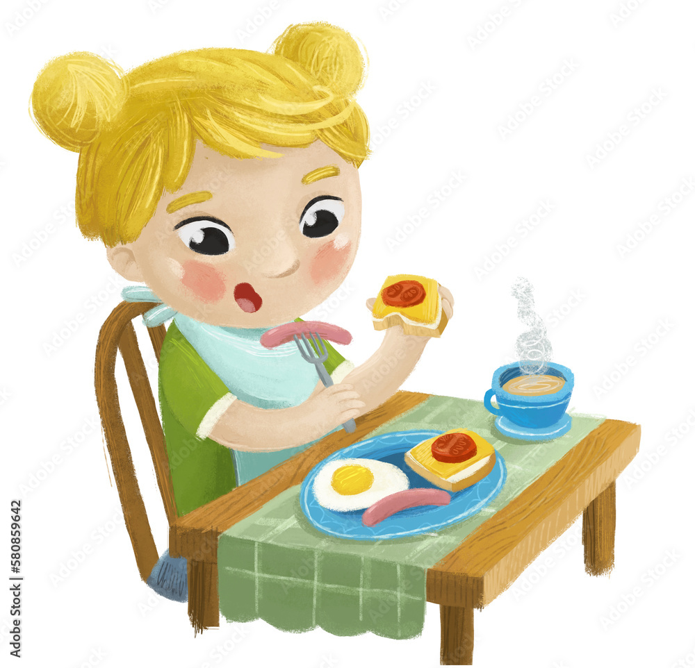 cartoon scene with girl little lady eating healthy breakfast illustration for children cartoon scene with girl little lady eating healthy breakfast illustration for children