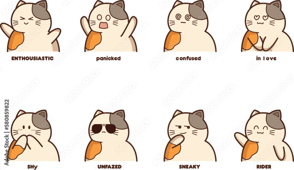 Fototapeta premium Bundle - Set of tricolor cat cartoon style - facial expressions and emotions - vector illustration in a cute - kawaii style