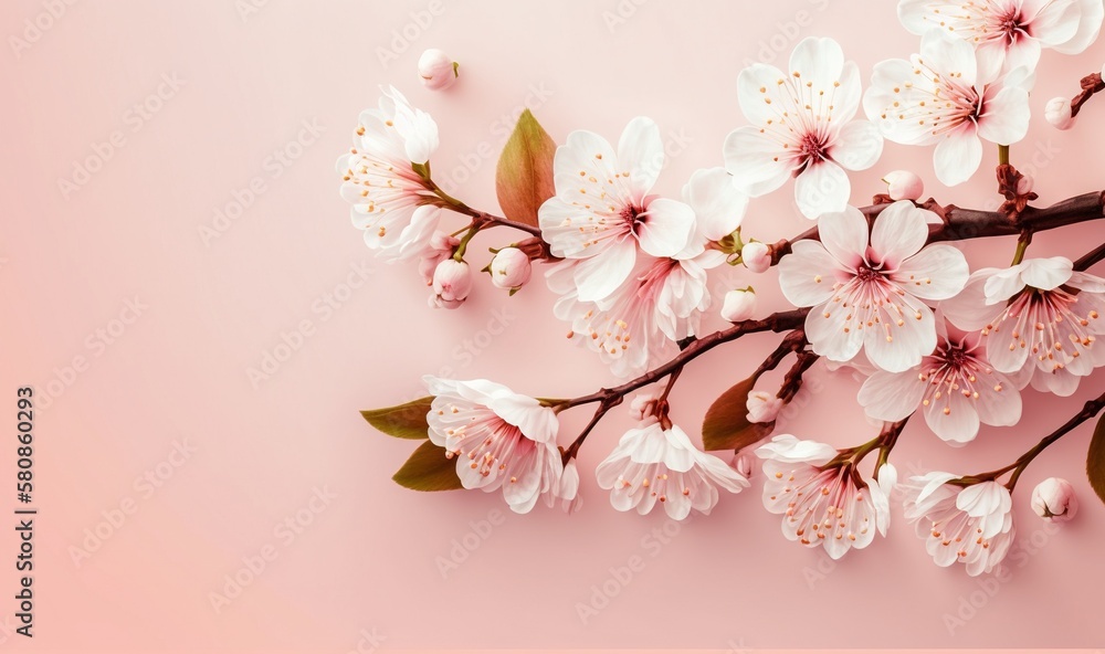  a branch of a cherry blossom with white flowers on a pink background.  generative ai