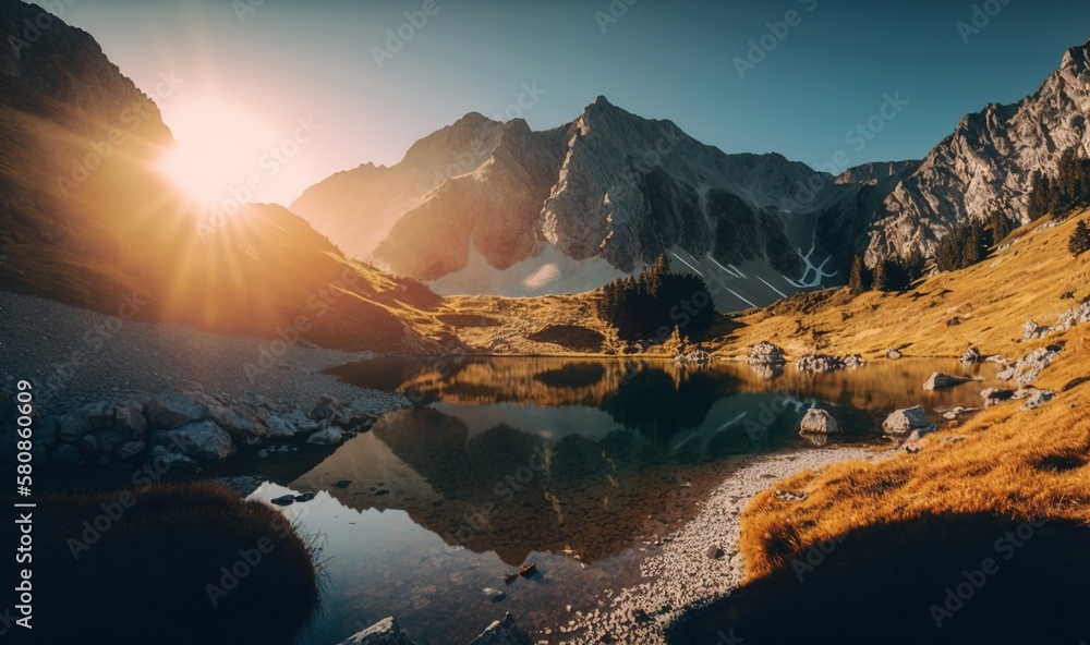  the sun shines brightly over a mountain lake in the mountains.  generative ai