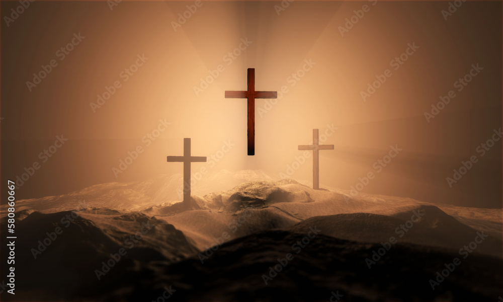 Christian croses on hill outdoors at sunrise. Calvary crucifixion. 3D illustration. Dramatic light. Christian croses on hill outdoors at sunrise. Calvary crucifixion. 3D illustration. Dramatic light.