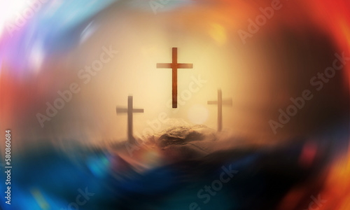 Christian croses on hill outdoors at sunrise. Calvary crucifixion. 3D illustration. Dramatic light.