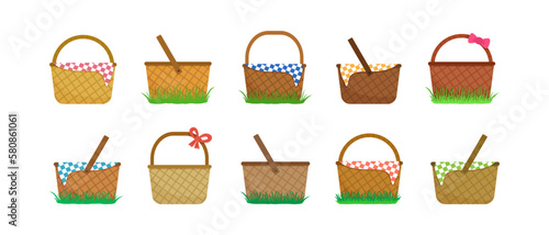 Easter picnic basket, simple wooden bag in grass, straw hamper with bow isolated on white background. Cartoon illustration