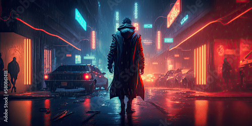 A detective walking down a busy street in neon rain - Generative AI