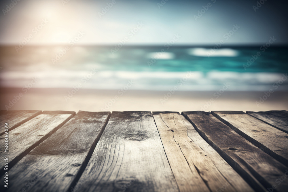 Empty Wooden Planks With Blur Beach And Sea On background, generative ai Empty Wooden Planks With Blur Beach And Sea On background, generative ai