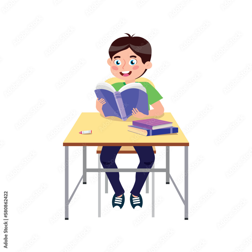 Vector illustration of a cute schoolboy. A cartoon scene with a smiling boy sitting at a desk with a book and a pencil and holding a book in his hands isolated on a white background. Vector illustration of a cute schoolboy. A cartoon scene with a smiling boy sitting at a desk with a book and a pencil and holding a book in his hands isolated on a white background.