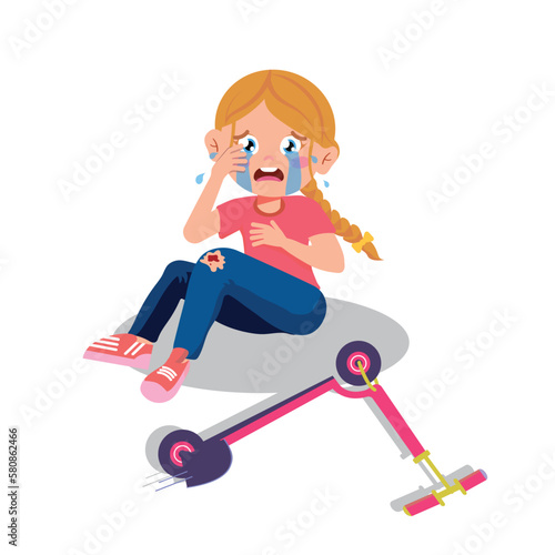 Vector illustration of a little girl crying from a broken knee from falling off a scooter. A cartoon scene with a little girl crying from the pain of a broken knee isolated on a white background.