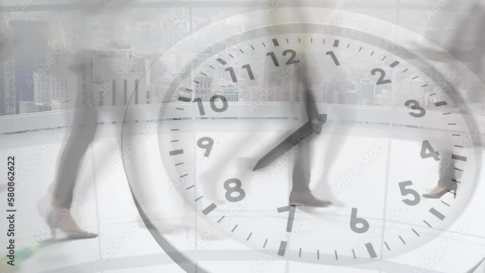 Animation of ticking clock against time-lapse of businesspeople walking in the office Animation of ticking clock against time-lapse of businesspeople walking in the office