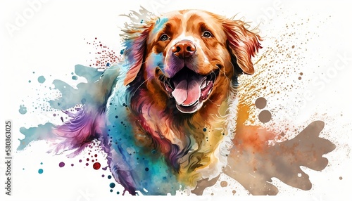 Dogs in watercolor. Illustration of cute dog in watercolor with flowers and plants. Romantic images of dogs in watercolor with pastel tones, very colorful and romantic. Generated by AI. 