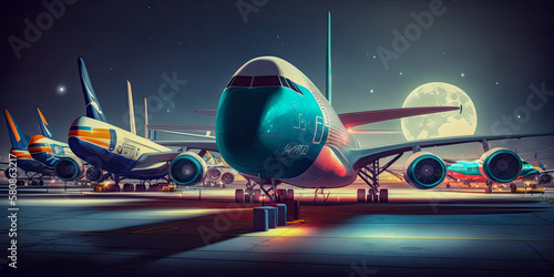 Aircraft fleet parked at the taxiway of an international airport - Generative AI