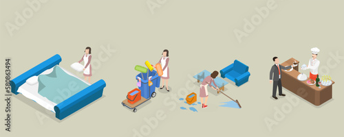 3D Isometric Flat Vector Set of Hotel Services, Room Cleaning and Food Service