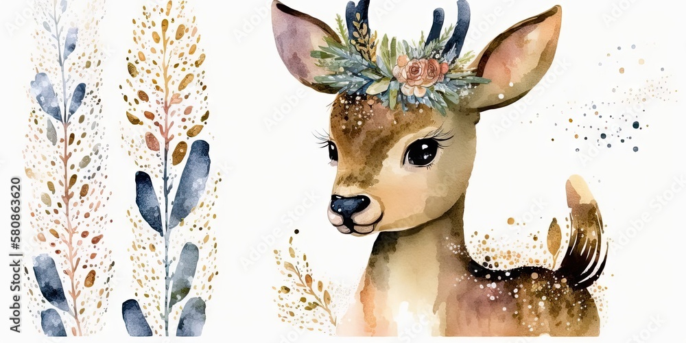watercolor closeup portrait of cute deer, generative ai