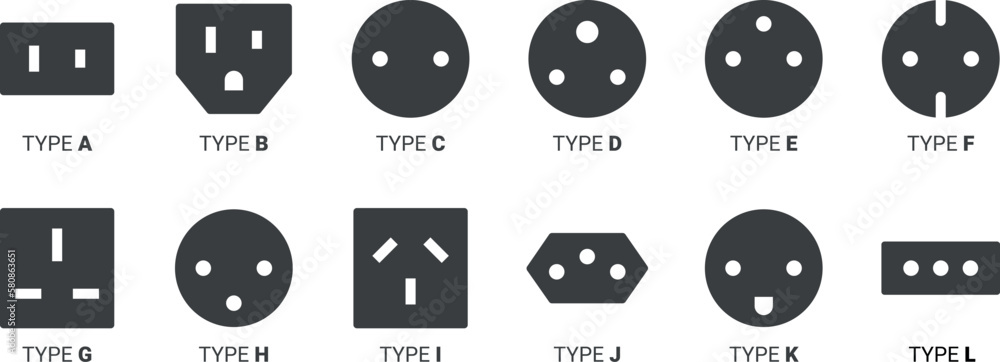 Power Sockets Type – Icons Set - Solid - obrazy, fototapety, plakaty 