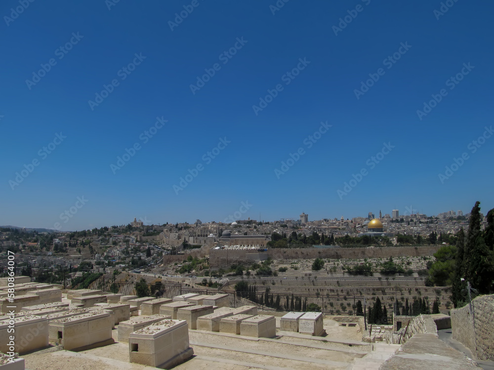 Panoramic view to Jerusalem Old city from Mount of Olives Jewish Cemetery. It's the most ancient and important cemetery in Israel since First Temple Period
