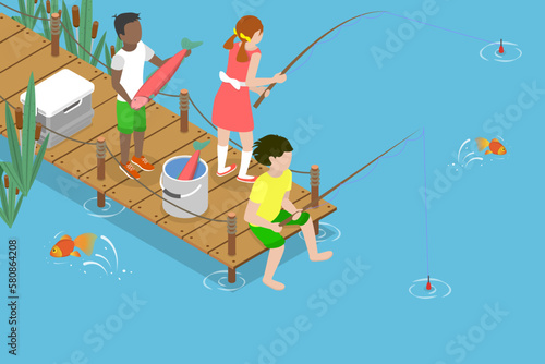 3D Isometric Flat Vector Conceptual Illustration of Children Fishermen, Summer Vacation at River or Lake