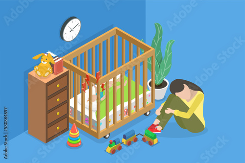 3D Isometric Flat Vector Conceptual Illustration of Mother Depression, Psychology Problem and Parent Difficulties