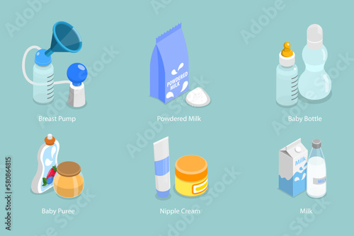 3D Isometric Flat Vector Set of Baby Food Items, Feeding Supplies