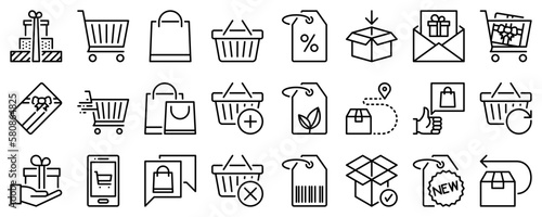 Line icons about gift shopping on transparent background with editable stroke.