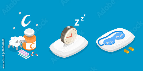 3D Isometric Flat Vector Conceptual Illustration of Better Sleep Tips, Bedtime Aid Items