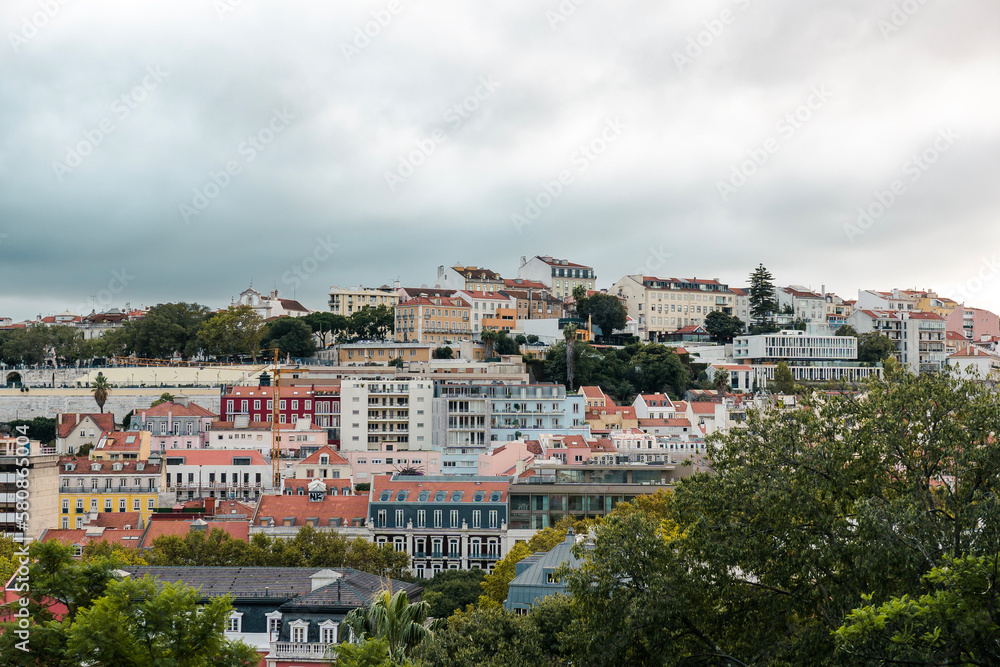 Aerial panoramic view of Lisbon, Portugal. Drone photo of the Lisbon old town skyline. Historical district at sunrise in capital city of Portugal