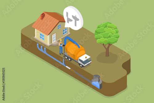 3D Isometric Flat Vector Conceptual Illustration of Sewer Cleaning Service, Removing Sewerage Obstructions