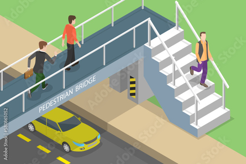 3D Isometric Flat Vector Conceptual Illustration of Pedestrian Bridge, People Using Footbridge