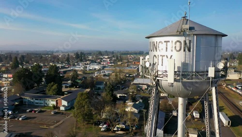 Cinematic Rotating Aerial Pan From Junction City, Oregon Old Water Tower to Downtown Junction City and Surrounding Area photo