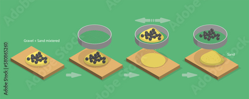 3D Isometric Flat Vector Conceptual Illustration of Sieving, Sifting and Elimination, Separating Mixtures