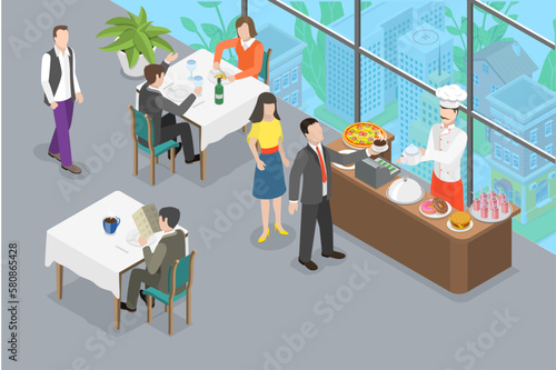 3D Isometric Flat Vector Conceptual Illustration of Lunch Break, Cafeteria or Kitchen Room