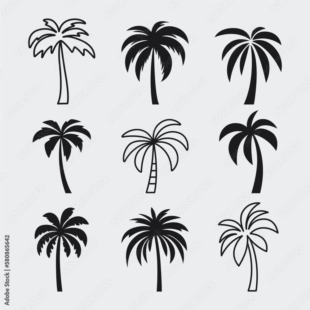 Vector Palm Trees, Palm Tree Icon Set Isolated. Palm Silhouettes. Design Template for Tropical, Vacation, Beach, Summer Concept. Vector Illustration. Front View
