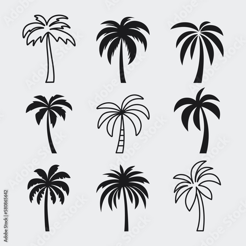 Vector Palm Trees  Palm Tree Icon Set Isolated. Palm Silhouettes. Design Template for Tropical  Vacation  Beach  Summer Concept. Vector Illustration. Front View