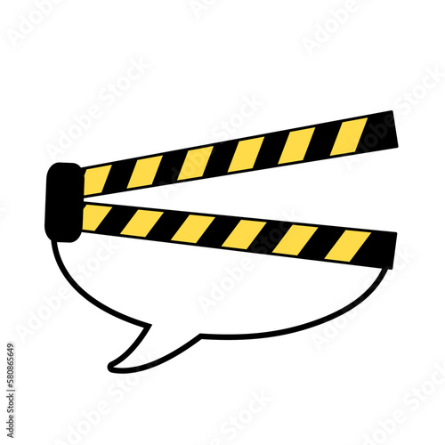 speech bubble with clapboard , clapperboard  or slate on top with hazzard lines vector illustration
