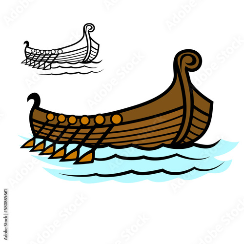 Viking ship sailing on the sea. . sea battle. wooden boat vector illustration