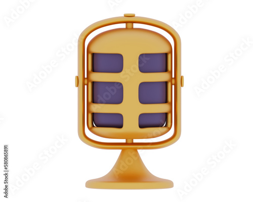 3d Golden microphone retro vocal radio equipment icon Professional audio broadcasts Tool karaoke music recording studio Modern instrumentation for presentations Realistic 3D rendering illustration