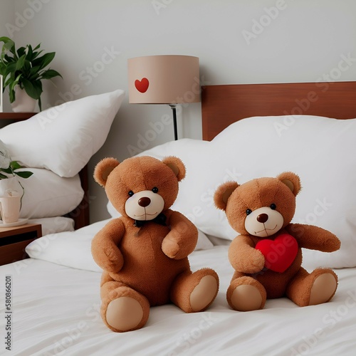 teddy bear on the bed with heart, Generative AI