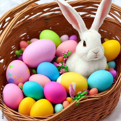 easter bunny in a basket with colored eggs, Generative AI