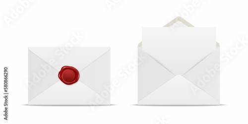 Vector Realistic White Closed Envelope with Red Wax Seal and Opened Envelope with Letter Inside. Folded and Unfolded White Envelope Icon Set Isolated. Message, Alert, Surprise, Secret Concept