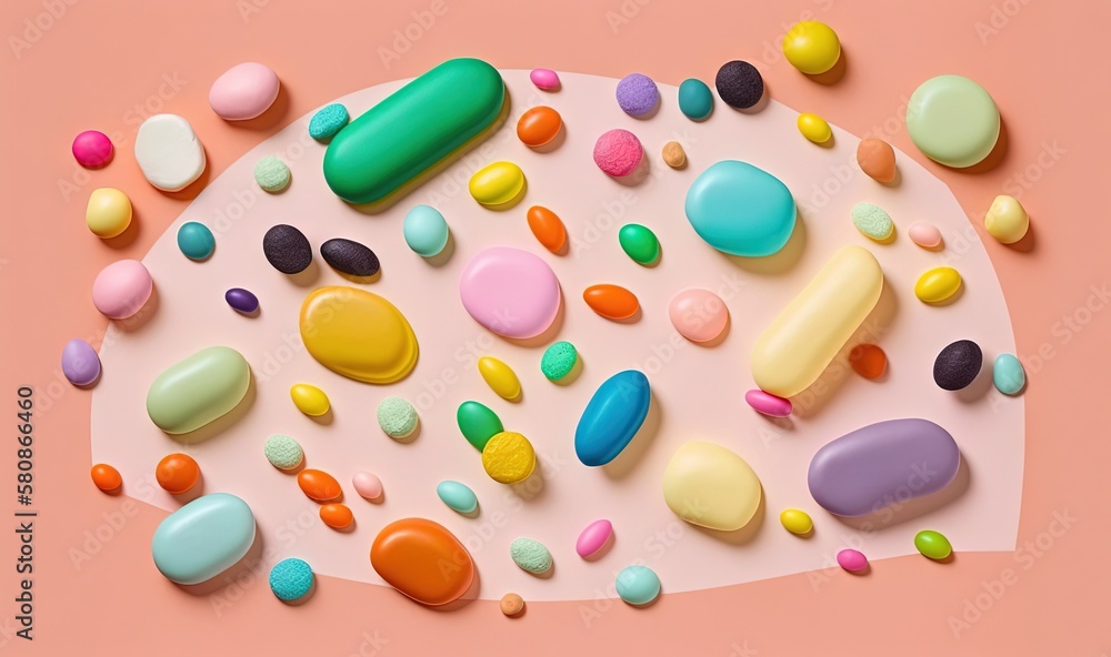  a bunch of candy on a pink surface with a pink background.  generative ai