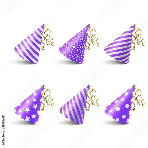 Vector 3d Realistic Purple and White Birthday Party Hat Icon Set Isolated on White Background. Party Cap Design Template for Party Banner, Greeting Card. Holiday Hats, Cone Shape, Front View