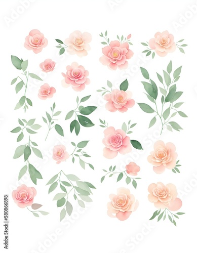 Watercolor flower set, Rose Eucalyptus. Mock-up of a wedding invitation card. Generative AI. © Mykola