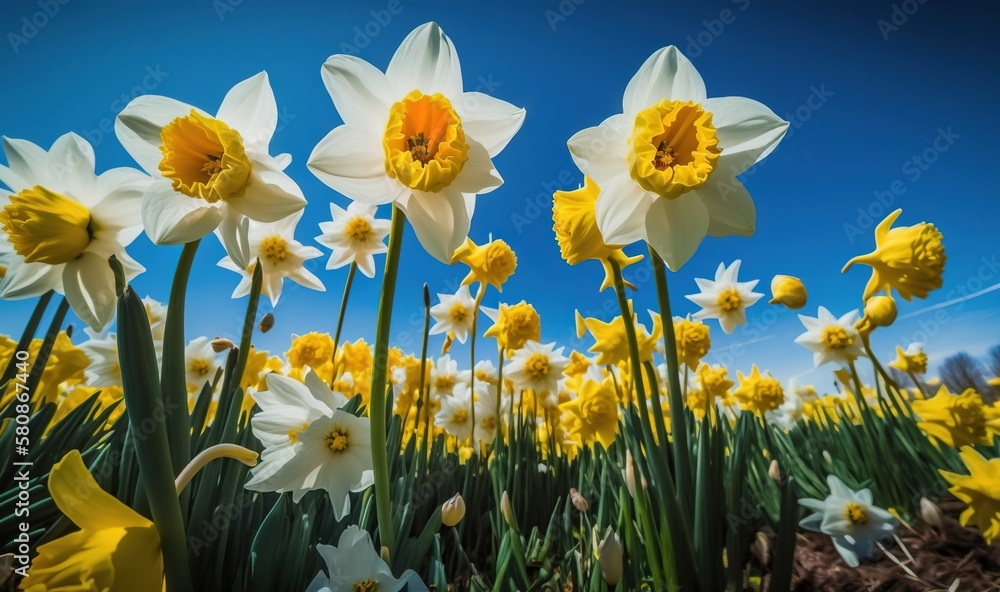 Fototapeta premium a field of yellow and white flowers under a blue sky. generative ai