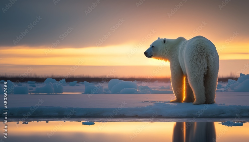 Polar Bear in the Arctic. Climate change endangered species. Sea ice habitat. Generative AI.