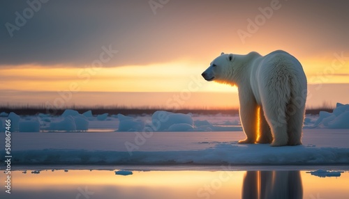 Polar Bear in the Arctic. Climate change endangered species. Sea ice habitat. Generative AI.