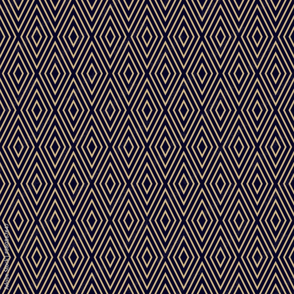 Abstract vector geometric seamless pattern. Luxury golden background. Simple ornament with rhombuses, diamonds, lines, stripes. Elegant gold and black texture. Repeat design for decor, cover, print