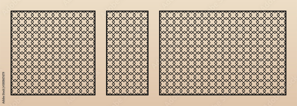 Laser cut patterns. Vector set with abstract geometric ornament, diamond grid, lattice. Asian-inspired design. Decorative stencil for CNC cutting of wood, metal, acrylic. Aspect ratio 1:1, 1:2, 3:2 Laser cut patterns. Vector set with abstract geometric ornament, diamond grid, lattice. Asian-inspired design. Decorative stencil for CNC cutting of wood, metal, acrylic. Aspect ratio 1:1, 1:2, 3:2