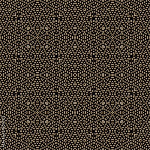 Abstract vector geometric seamless pattern. Black and gold background with outline shapes, diamonds, triangles, stars. Simple minimal luxury texture. Repeat design for decor, wallpaper, print, cover